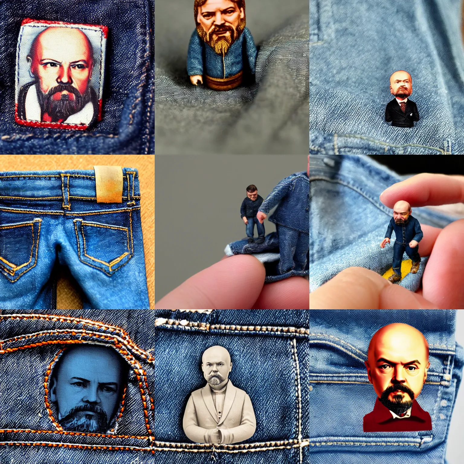 Prompt: a tiny lenin coming out of the pocket of jeans