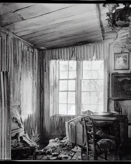 Prompt: the interior of an old cottage in cumberland that is probably haunted, delicate embellishments, painterly, offset printing technique, photographed on film by brom, robert henri, walter popp