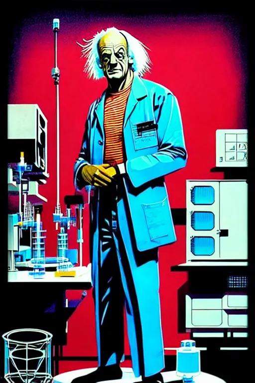 Prompt: doc emmet brown in his lab, high details, intricately detailed, by vincent di fate, inking, 3 color screen print, masterpiece, trending on artstation,, sharp, details, hyper - detailed, hd, 4 k, 8 k