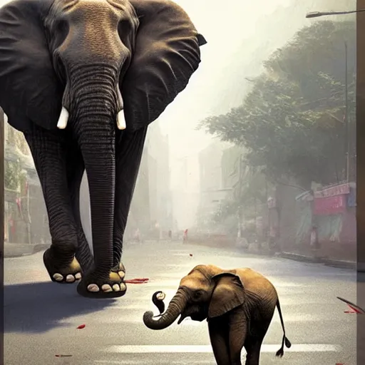Prompt: An elephant walking down a street in Guwahati city. By Greg Rutkowski, trending on ArtStation