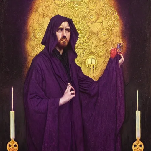 Prompt: middle aged man, in dark purple robes, occult , Tom bagshaw, sam spratt, Gustav Klimt, intricate, dark colors, 4k, art nouveau