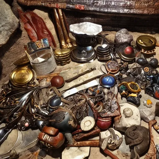 Image similar to a pirate's treasure hoard, hidden in a cave