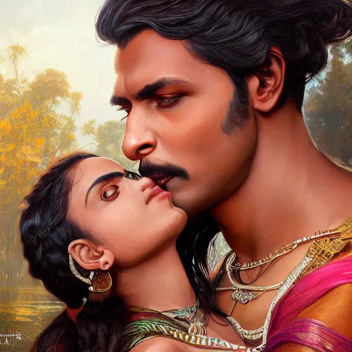 Prompt: portrait painting of dark muscular indian couple kissing, sari, ultra realistic, concept art, intricate details, eerie, highly detailed, photorealistic, octane render, 8 k, unreal engine. art by artgerm and greg rutkowski and alphonse mucha