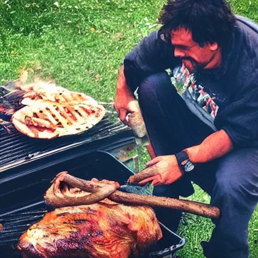 Image similar to “color photo of a Neanderthal man taking an iPhone photo of a mammoth cooking on the grill, National Geographic , anthropology photo”