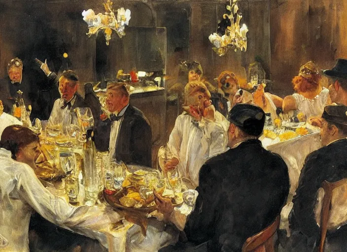 Image similar to men having dinner, singing, roaring twenties, cellar, masterpiece, torches on wall, meat, wine, schnapps, smoking cigars, scantily clad blondes, oil painting by anders zorn and carl larsson, art nouveau