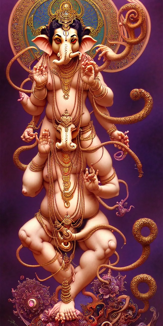 Image similar to beautiful hindu god vinayak ganapati ganesh art nouveau fantasy character portrait, ultra realistic, intricate details, the fifth element artifacts, highly detailed by peter mohrbacher, hajime sorayama, wayne barlowe, boris vallejo, aaron horkey, gaston bussiere, craig mullins alphonse mucha, arty nouveau curves and spirals,