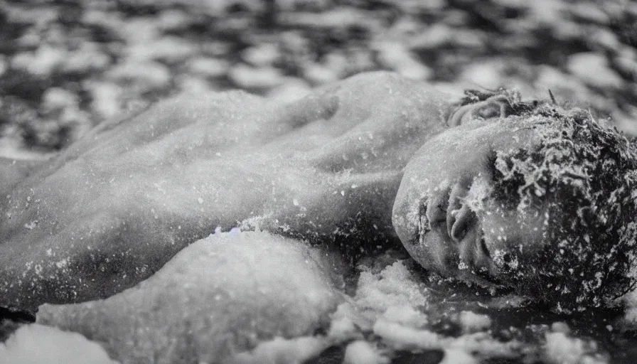 Prompt: 1 9 6 0 s movie still close up of marcus aurelius frozen to death in a river with gravel, pine forests, cinestill 8 0 0 t 3 5 mm b & w, high quality, heavy grain, high detail, texture, dramatic light, anamorphic, hyperrealistic, foggy