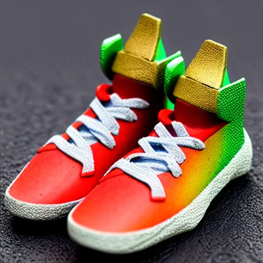 Image similar to realistic scultpure of plastic toy sneaker! design, sneaker design overwatch botw fantasy style mixed with aztec mayan native street fashion, focus on sneakers only, shoes designed by akira toriyama and studio ghibli