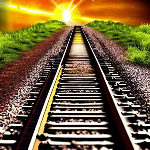 Image similar to train track through solar system, epic award winning cinematic still