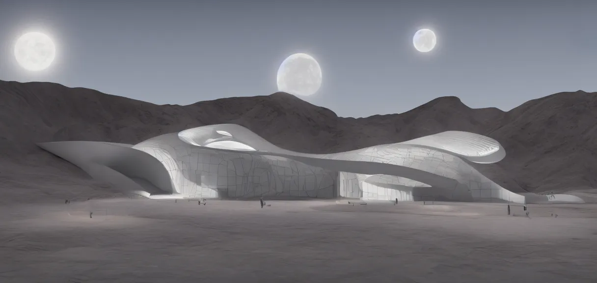 Prompt: a cresent moon in the sky shining on a white museum by zaha hadid in the desert, cinematic, render in unreal engine 5
