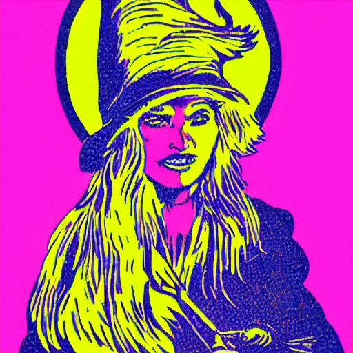 Image similar to a risograph of a witch from the 80s