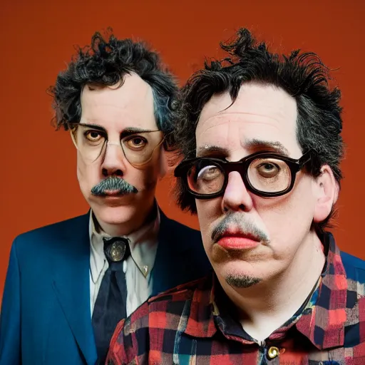 Prompt: john linnell and john flansburgh of they might be giants as puppets, band marketing material, photograph, sharp focus, 4 k, extremely detailed
