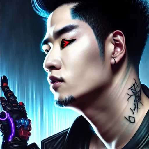 Image similar to portrait painting of a cyberpunk jackson wang with a z tattooed on his forehead, from got 7, ultra realistic, concept art, intricate details, eerie, highly detailed, photorealistic, octane render, 8 k, unreal engine. art by artgerm and greg rutkowski and magali villeneuve and alphonse mucha