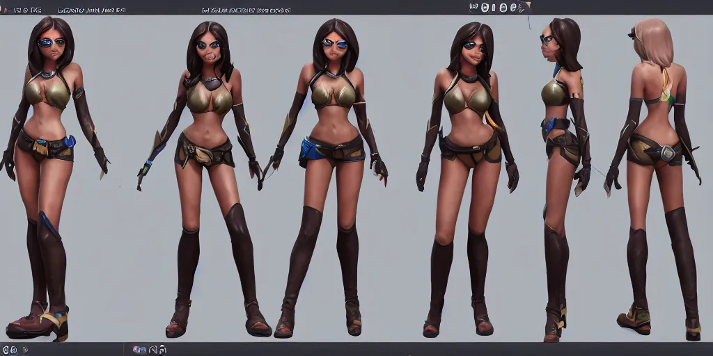 Image similar to rendered character sheet of Pool party Caitlyn in the game League of Legends, unreal engine 5 3d trending on art station