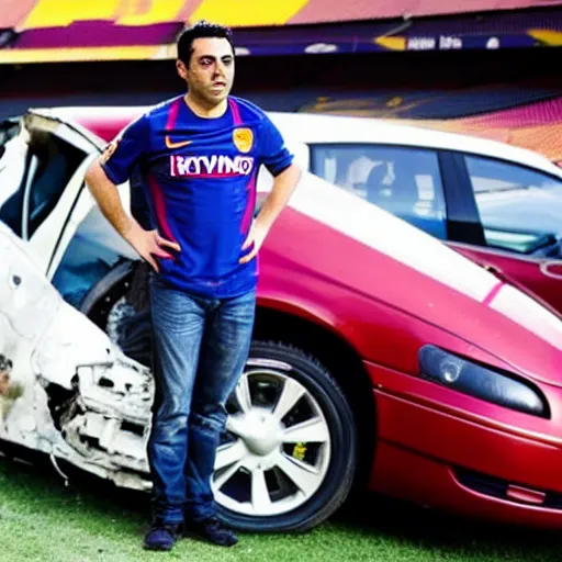 Prompt: xavi hernandez as a coach next to a crashed car, in camp nou