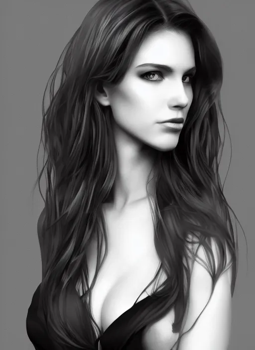 Image similar to full body portrait of a beautiful woman in black and white, photorealistic, hair down to waist, art by diego fazio and diegoKoi and artgerm, concept art, hyper sharp focus, 8k highly detailed