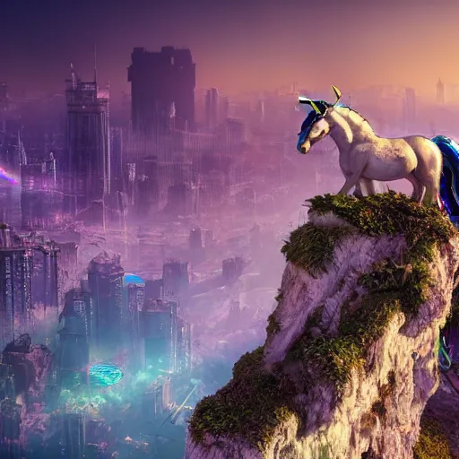 Prompt: a iridescent unicorn on a cliff overlooking a dystopian city covered in toxic smog, ultra realistic, concept art, intricate details, highly detailed, photorealistic, octane render, 8 k, fantasy art