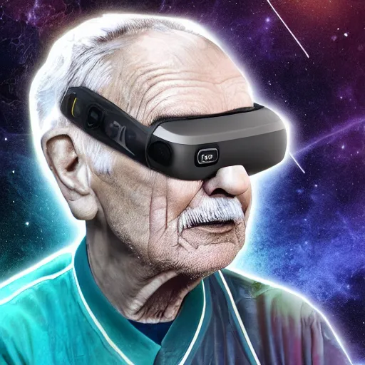 Image similar to an elderly wise man in the cosmos wearing vr headsets, digital art, detailed