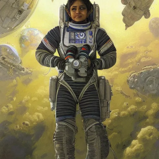 Image similar to a female space cadet from india, resting after a hard mission, happily tired, sci fi character portrait by Donato Giancola