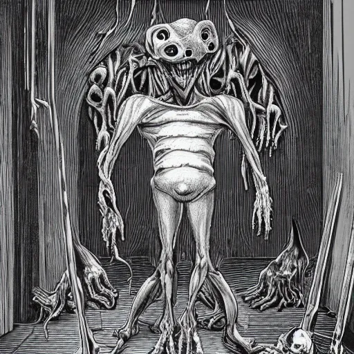 Image similar to a hyper realistic creepy filmic 30mm film movie like wide shot color ground level angle photograph of the full body of a dangerous shape shifting alien creature, with multiple mutated snarling drooling human faces with a grotesque variety of gorey human and animal limbs protruding from its lower torso inside a lab in the style of a live action 1980s horror film, in the style of John Carpenter's The Thing 1982