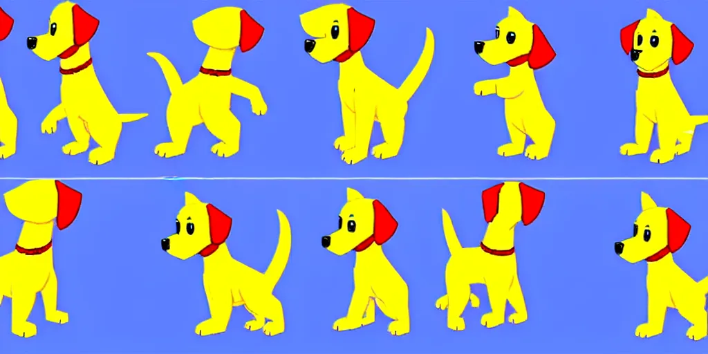 Image similar to 4 frame walk cycle of a cartoon dog, cartoon animation sheet, walk cycle