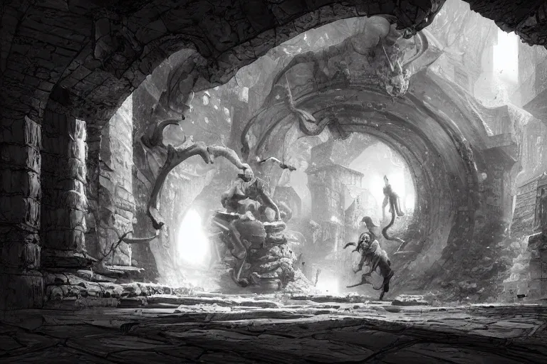 Image similar to black and white one point perspective dungeon cozy fantasy dungeon hallway view with pit in the middle of the ground by artgerm and Craig Mullins, James Jean, Andrey Ryabovichev, Mark Simonetti and Peter Morbacher 16k