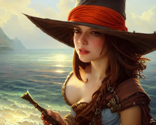 Image similar to pirate hat floating in the sea, low view shot, close up, deep focus, d & d, fantasy, intricate, elegant, highly detailed, digital painting, artstation, concept art, matte, sharp focus, illustration, hearthstone, art by artgerm and greg rutkowski and alphonse mucha