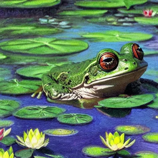 Image similar to fantasy art, close - up of a frog in a small crown!!! in the pond with water lilies, shallow depth of field, highly detailed, autumn, rain, masterpiece, matte painting, sharp focus, matte painting, by isaac levitan, by monet, asher brown durand,