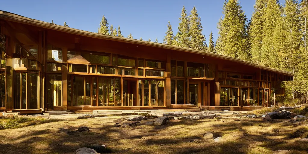 Image similar to large modern lodge, pacific northwest, cedar and concrete, many large windows, designed by frank lloyd wright and olson kundig