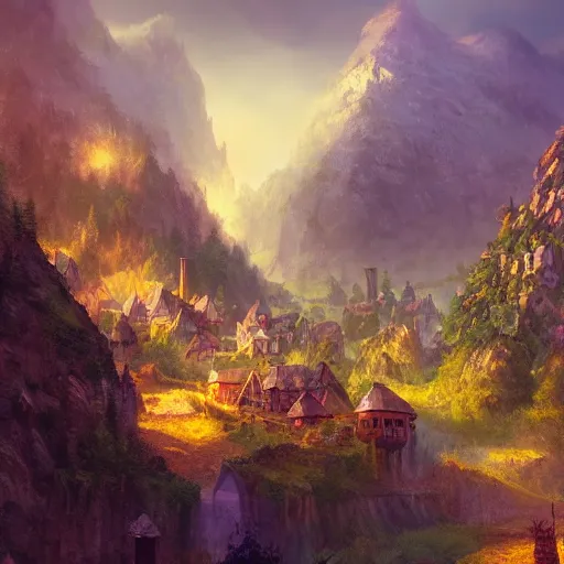 Image similar to beautiful fantasy landscape showing dwarven mining village in the mountains, by marc simonetti, anthony avon, nick gindraux, mark li, high quality, trending on artstation