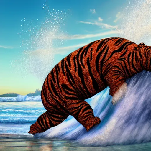 Prompt: a closeup photorealistic photograph of a knitted tiger hippopotamus that is riding a large wave during sunset. surf in the background. professional capture. brightly lit scene. this 4 k hd image is trending on artstation, featured on behance, well - rendered, extra crisp, features intricate detail, epic composition and the style of unreal engine.