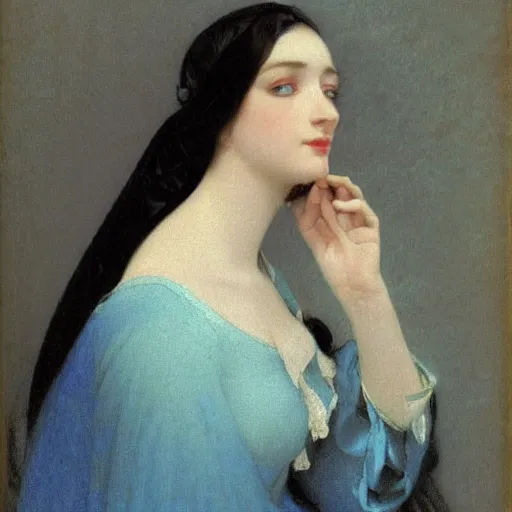 Image similar to a young woman’s face, her hair is silver, she wears a long flowing blue satin veil, by ivan aivazovsky and pieter claesz and paul delaroche and alma tadema and august malmstrom and and willen claesz heda and aelbert cuyp and gerard ter borch and alphonse mucha, hyperrealistic, volumetric light, rendered in octane, c4d