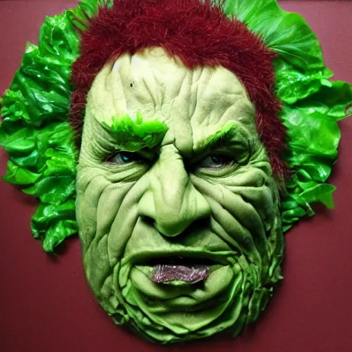 Prompt: jonny rotten's face made out of cabbage, photo realism