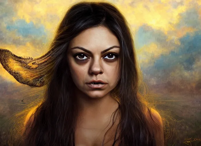 Image similar to big-eyed surprised Mila Kunis staring intensely into the camera, sundown golden hour firefly wisps, Lilia Alvarado, Sophie Anderson, Mark Arian, Bob Byerley, Charlie Bowater, Mark Brooks, Steve Henderson, Justin Gerard, Arthur Hughes, Edward Robert Hughes, Mark Keathley, Victor Nizovtsev, Carlos Shwabe, Ross Tran, WLOP