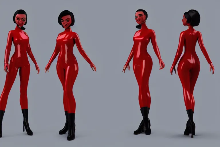 Prompt: 3d model sheet tpose turnaround of a cute sensual female sci fi character with black hair and red retrofuturistic space outfit with stylized pixar mom extreme proportions in terms of thick thighs and wide hips, concept art reference