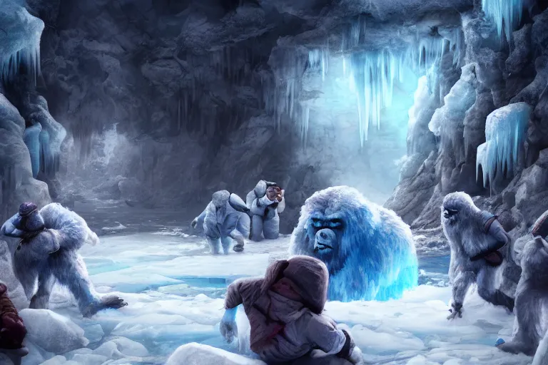 Image similar to a group of tourists discover a shy yeti behind blocks of ice, concept art, digital painting, trending on artstation, deviantart, highly detailed, perfect composition, dramatic lighting, sharp focus, 8 k uhd