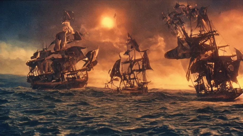 Image similar to still from a stop motion animated movie about a giant cyclops attacking a pirate ship by ray harryhausen, nineteen seventy five, cinematic lighting, ultra realistic, panavision, wide screen, saturated color, seventies cinema, vintage, sword and sorcery