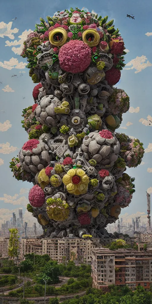 Image similar to colossal grotesque flower made from best unfulfilled mankind projects in the middle of abandoned post soviet constructivist cityscape, Stalinist architecture, ultradetailed, Intricate by Hayao Miyazaki and Josan Gonzalez and Makoto Shinkai and Giuseppe Arcimboldo and Wes Anderson