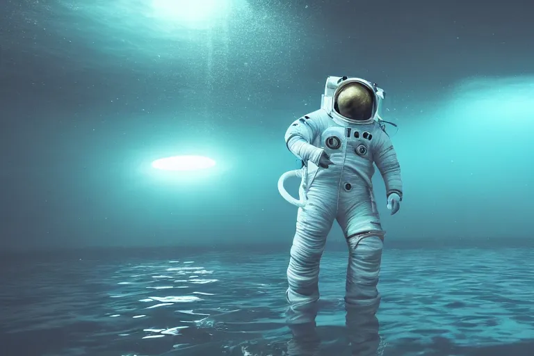 Image similar to astronaut underwater in the ocean at night, volumetric lighting, glowing lights, 4k, octane, unreal engine,