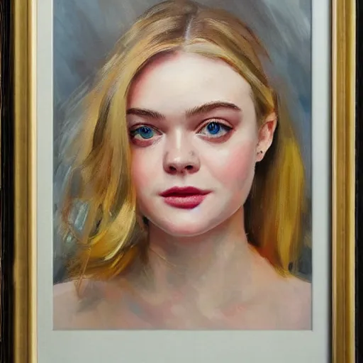 Prompt: professional painting of Elle Fanning in the style of Michael Garmash, head and shoulders portrait, symmetrical facial features, smooth, sharp focus, illustration, intricate, stormy weather, extremely detailed masterpiece,