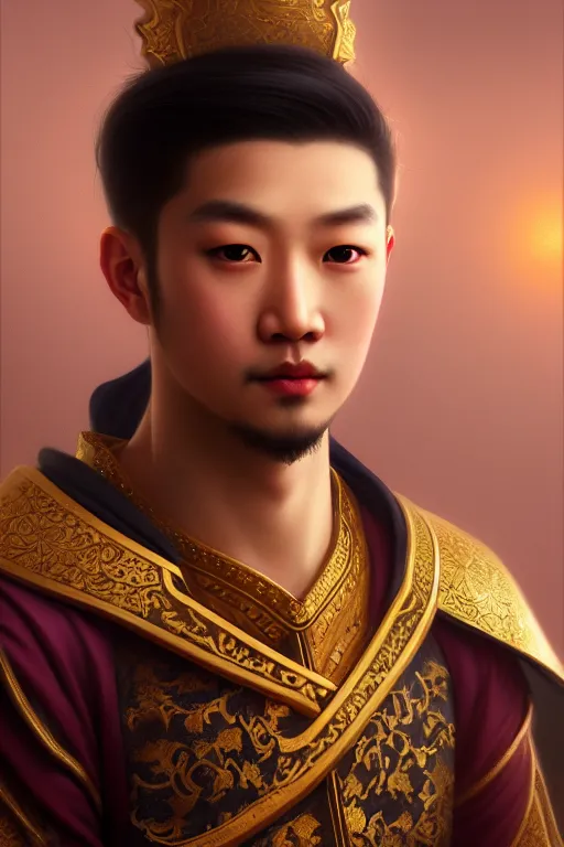 Prompt: a portrait of a asian male prince, illustration, soft lighting, soft details, dark mood, painting oil on canvas by Edmund Blair Leighton and Charlie Bowater octane render trending on artstation d&d characters, 4k, 8k, HD