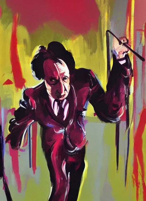 Prompt: saul goodman, screaming, painting by sir francis bacon,'action lines '!!!, graphic style, visible brushstrokes, motion blur, blurry