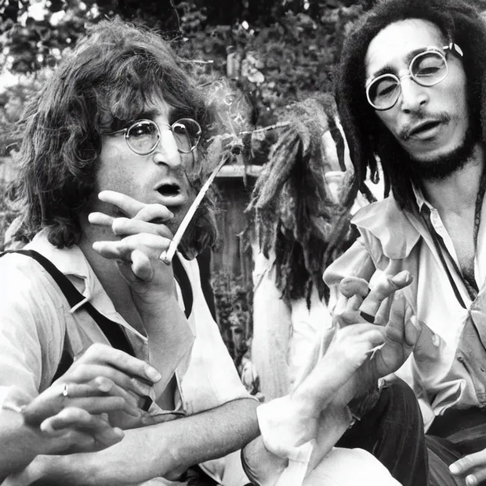 Image similar to john lennon smoking a joint with bob Marley, photograph by Willy Spiller, 1970s