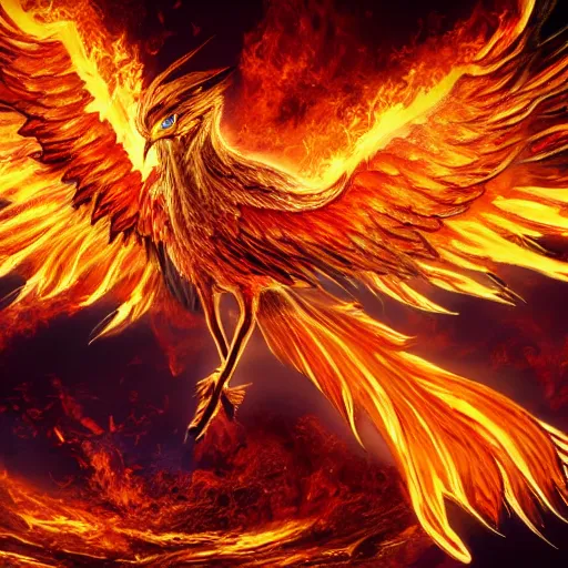 Image similar to photo of a phoenix with spreaded wings, ultra realistic details, fire and flames, 8k