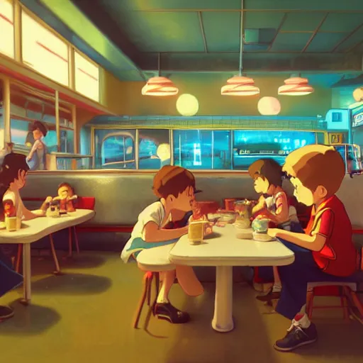 Image similar to a wholesome animation key shot of kids at a 5 0 s diner!!!, medium shot, studio ghibli, pixar and disney animation, sharp, very detailed, high resolution, rendered in unreal engine 5, anime key art by greg rutkowski, bloom, dramatic lighting