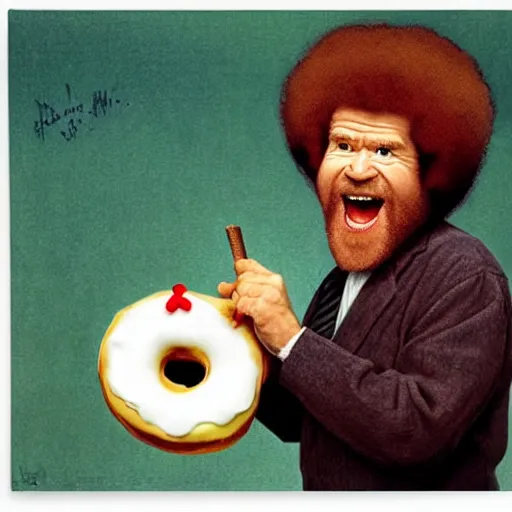 Image similar to bob ross screaming at a donut by norman rockwell