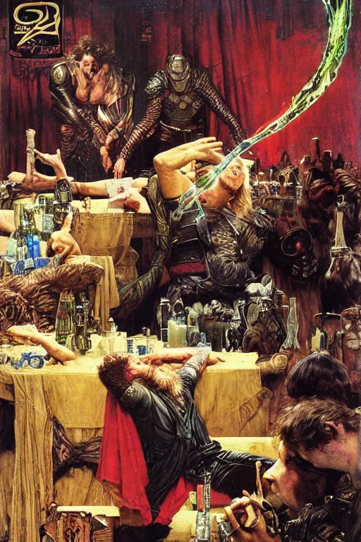 Image similar to thor drinking mountain dew during ragnarok, by lawrence alma tadema and zdzislaw beksinski and norman rockwell and jack kirby and tom lovell and greg staples