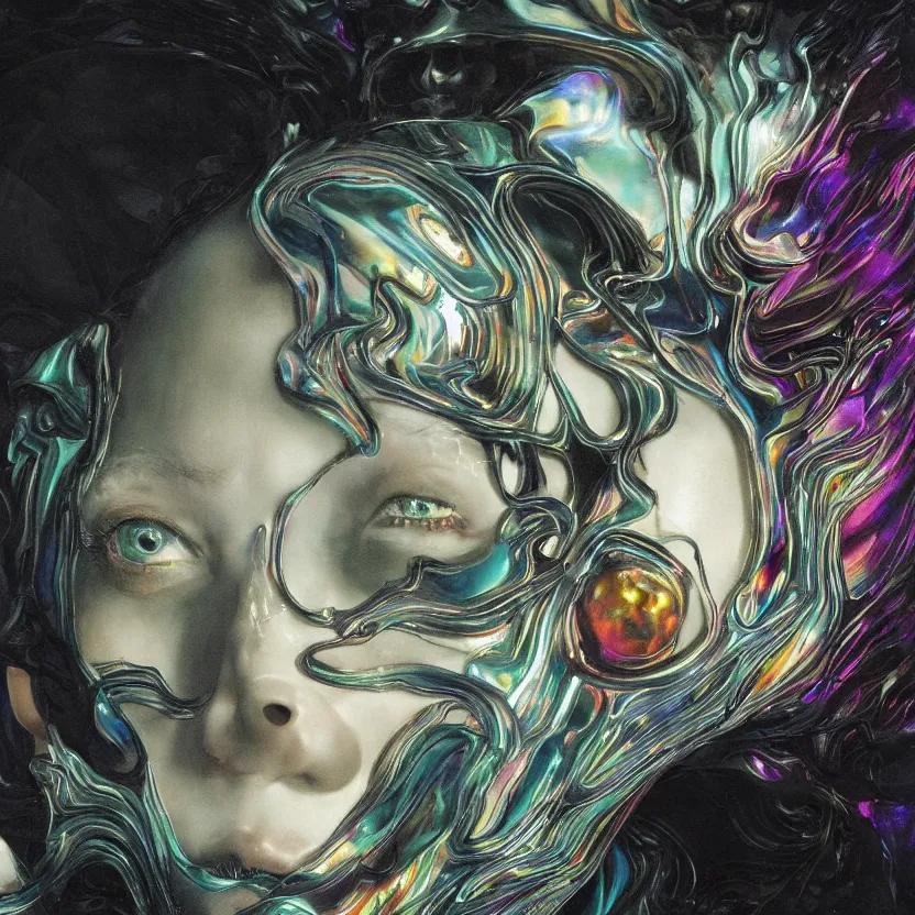 Image similar to a dark baroque close - up portrait of a colorful iridescent rainbow porcelain being made out of white liquid sci - fi vitrified translucent ceramic marble ; china. reflective detailed textures. gloomy black background. highly detailed fantasy science fiction painting by moebius, norman rockwell, frank frazetta, and syd mead. rich colors, high contrast. artstation