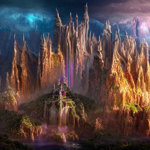 Image similar to Eternal Beauty, Scenery, Fantasy Architecture, Psychedelic, Magnificent, Royalty, Fantastic, Iridescent, Grandiose, Epic, Cinematic Perspective, HDR, Hyper detailed digital matte painting, concept art, hyperrealism, Cinema 4D, 8k resolution, 64 megapixels, coherent, bokeh, CGSociety, ZBrush Central, behance HD, hypermaximalist, a masterpiece, 4K