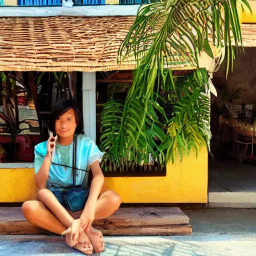 Image similar to a thin, pretty young Filipino girl sits near the window of a cute seaside Cafe with an espresso, golden morning light, cozy, tropical plants, Spirited Away